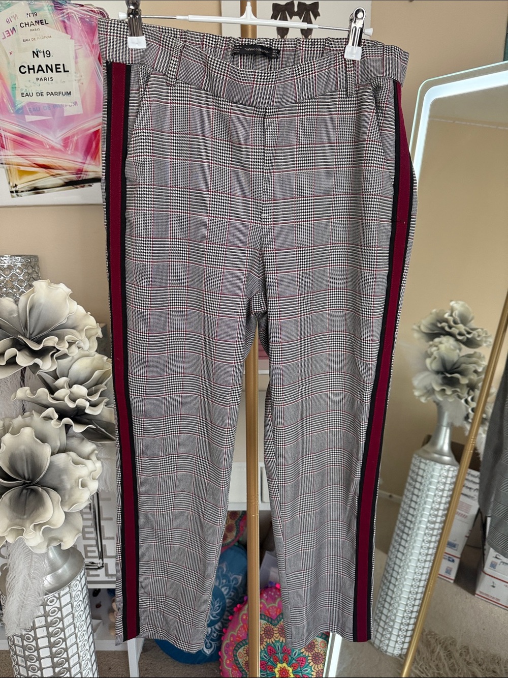 Zara Grey Plaid Chinos with Burgundy Side Stripe